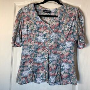 Satellite Drive Vintage Floral Blouse Size L Puff Sleeve Button Front V-Neck